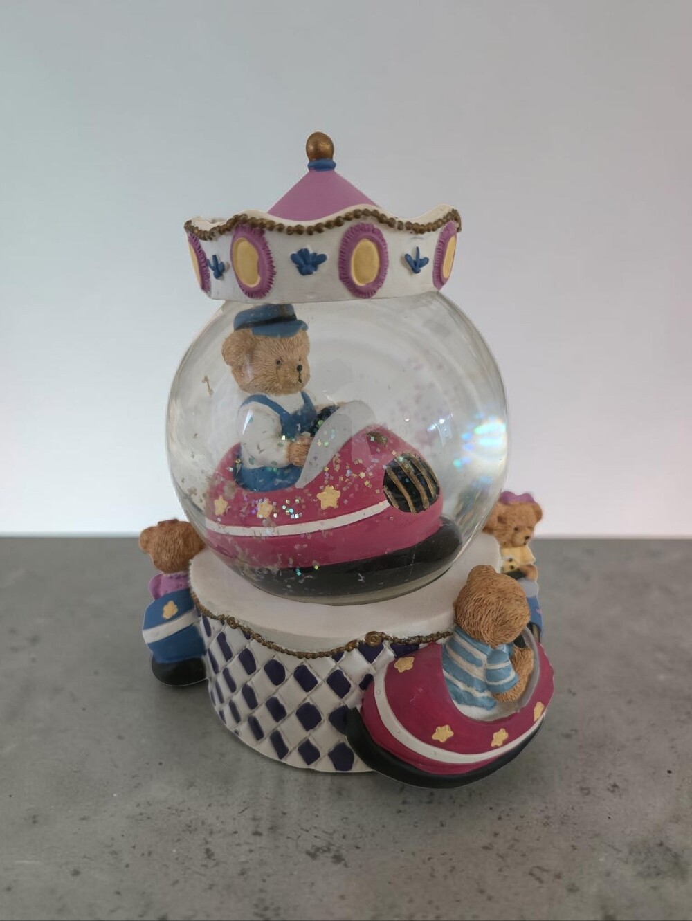 Whimsical Pink & White Carousel Bear Snow Globe Frame